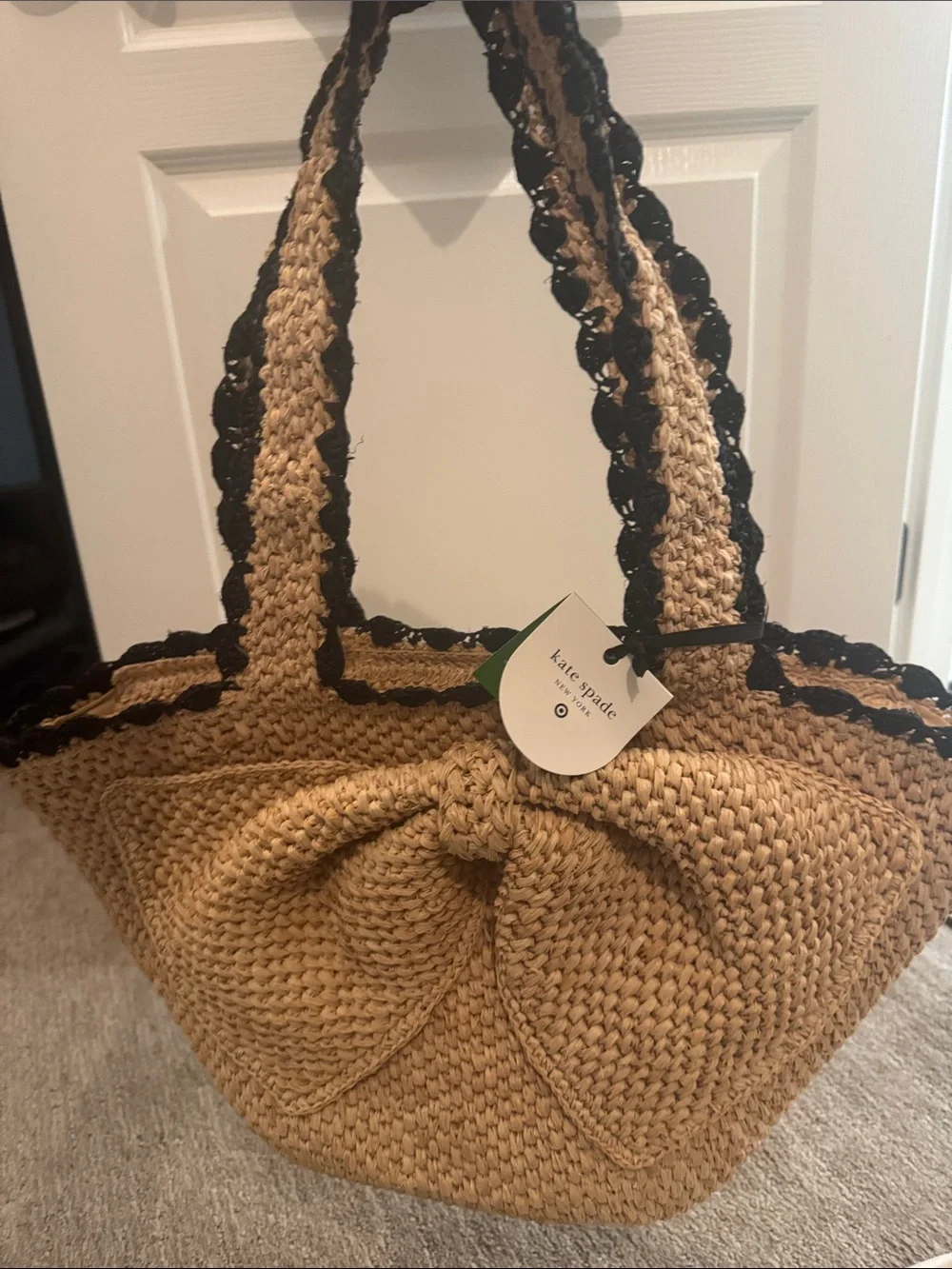 Kate Spade Natural Straw Tote with Black Trim and Front Bow